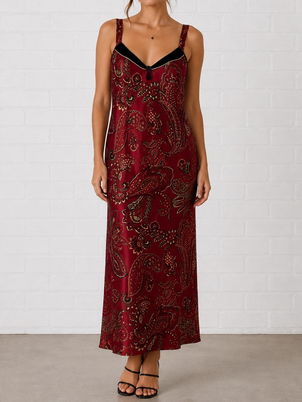 Vintage California Dynasty Paisley Slip Dress Burgundy Satin Velvet Trim Tassel